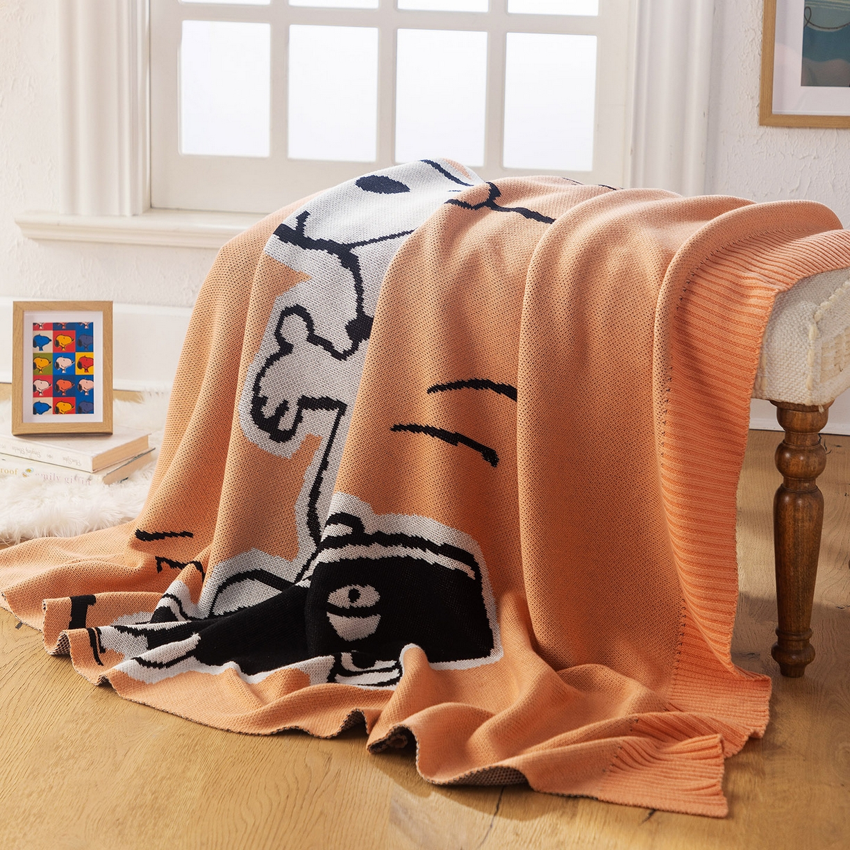 91家纺网 家纺一手货源 找家纺 苏艺针织史努比SNOOPY正版授权独家全棉针织多功能盖毯终端控价 史努比-滑板高手