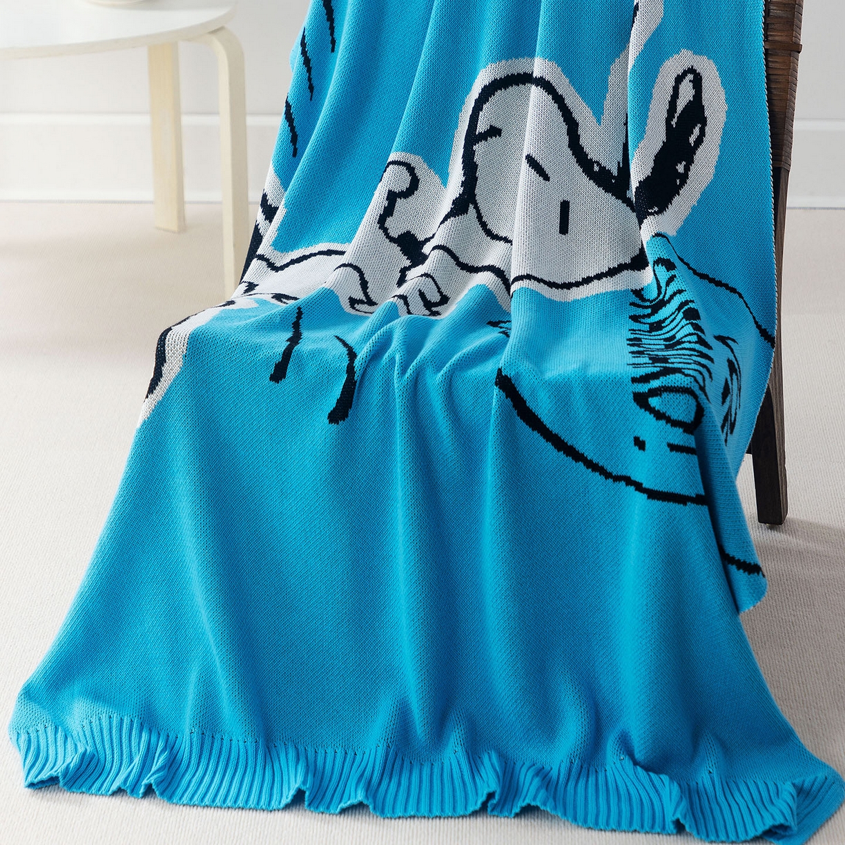 91家纺网 家纺一手货源 找家纺 苏艺针织史努比SNOOPY正版授权独家全棉针织多功能盖毯终端控价 史努比-滑板高手（蓝）