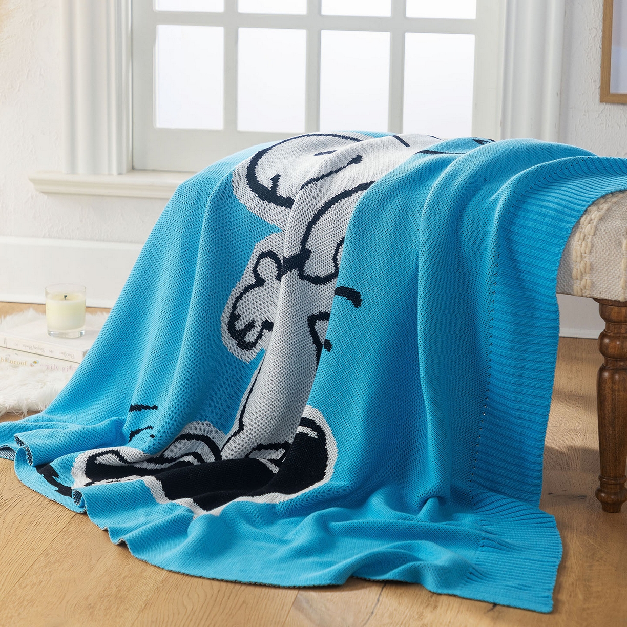 91家纺网 家纺一手货源 找家纺 苏艺针织史努比SNOOPY正版授权独家全棉针织多功能盖毯终端控价 史努比-滑板高手（蓝）