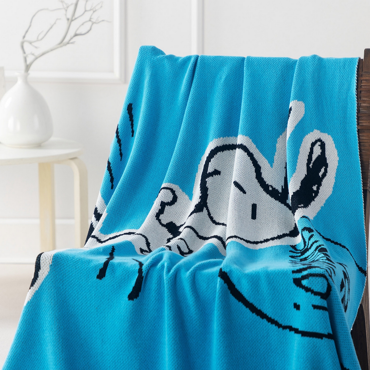 91家纺网 家纺一手货源 找家纺 苏艺针织史努比SNOOPY正版授权独家全棉针织多功能盖毯终端控价 史努比-滑板高手（蓝）