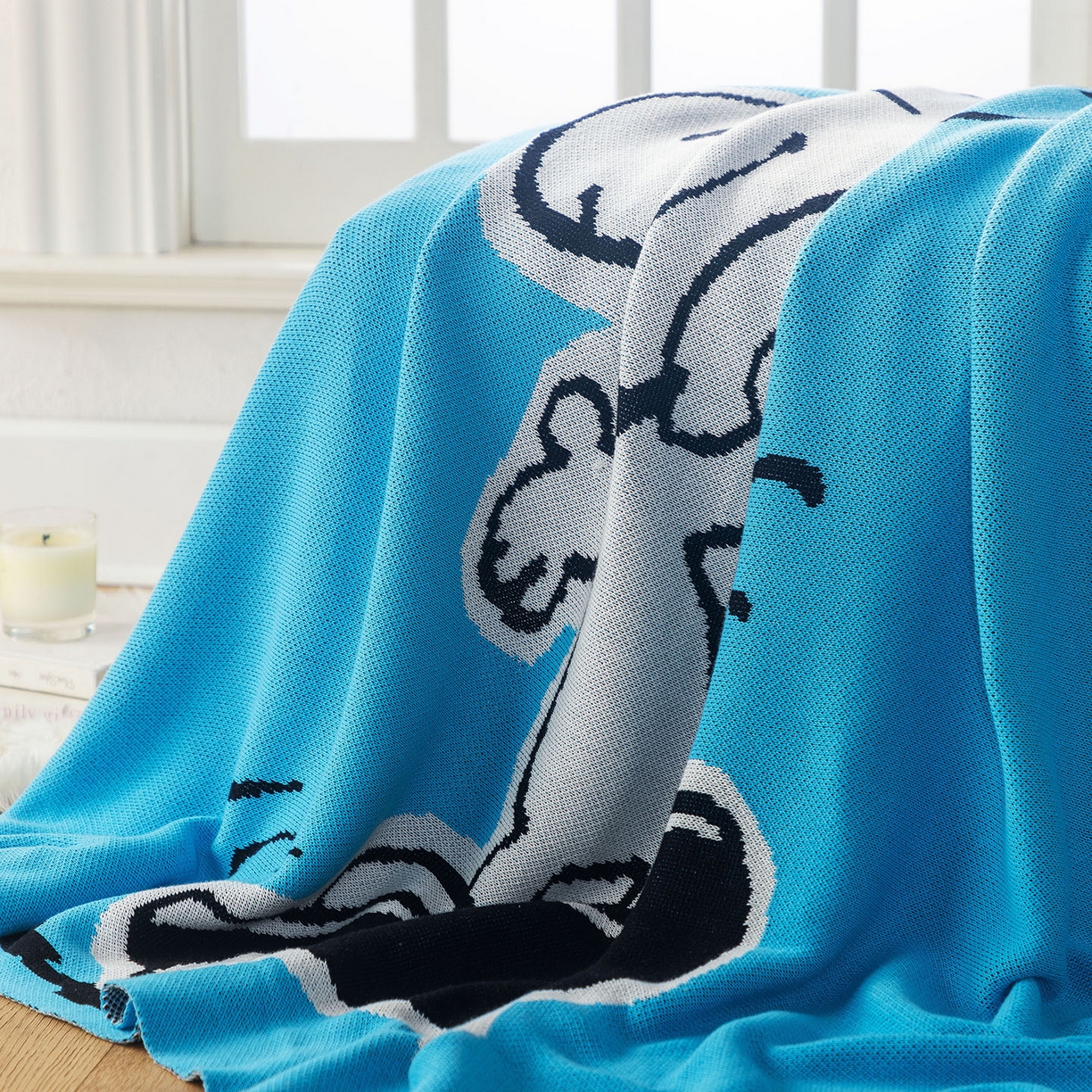 91家纺网 家纺一手货源 找家纺 苏艺针织史努比SNOOPY正版授权独家全棉针织多功能盖毯终端控价 史努比-滑板高手（蓝）