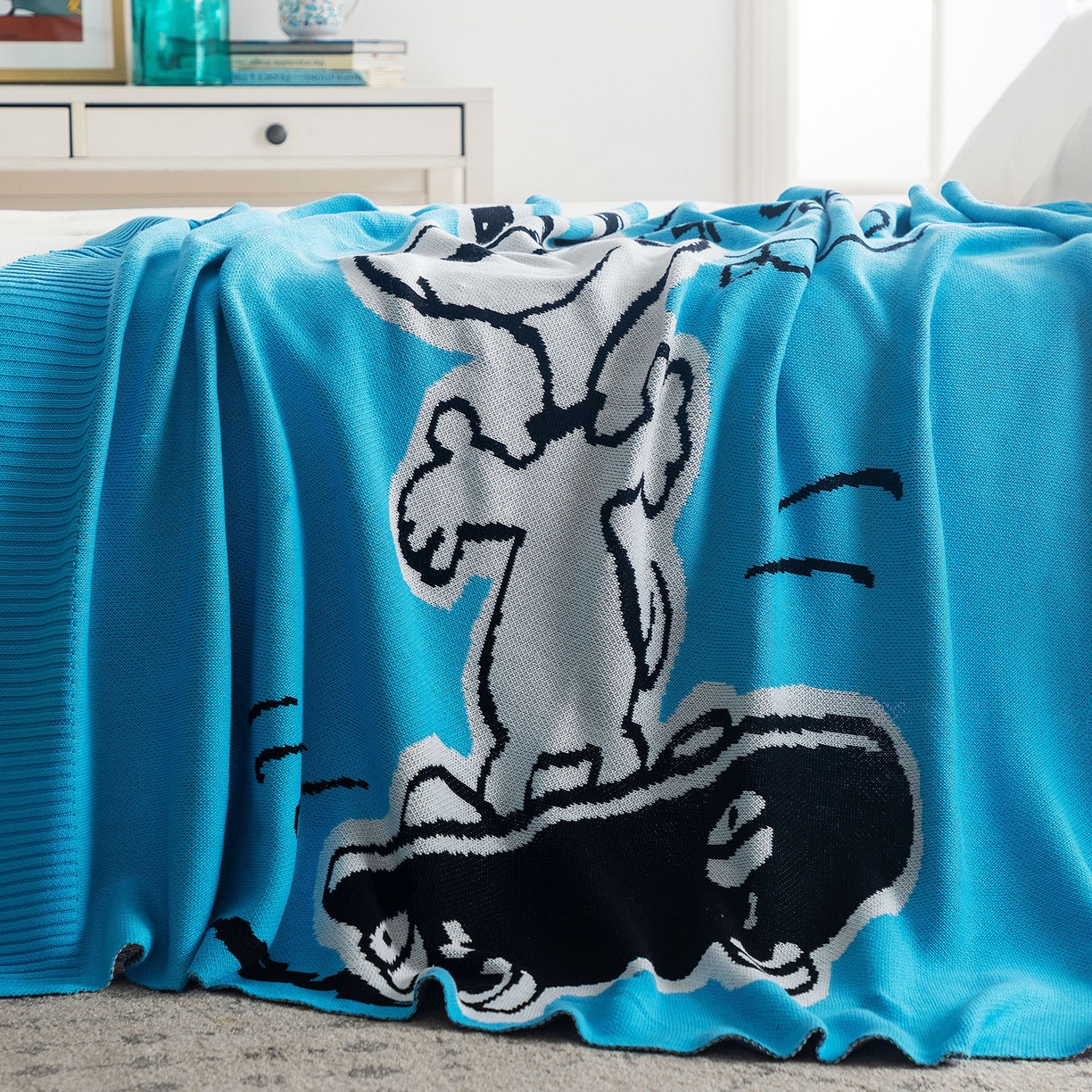 91家纺网 家纺一手货源 找家纺 苏艺针织史努比SNOOPY正版授权独家全棉针织多功能盖毯终端控价 史努比-滑板高手（蓝）