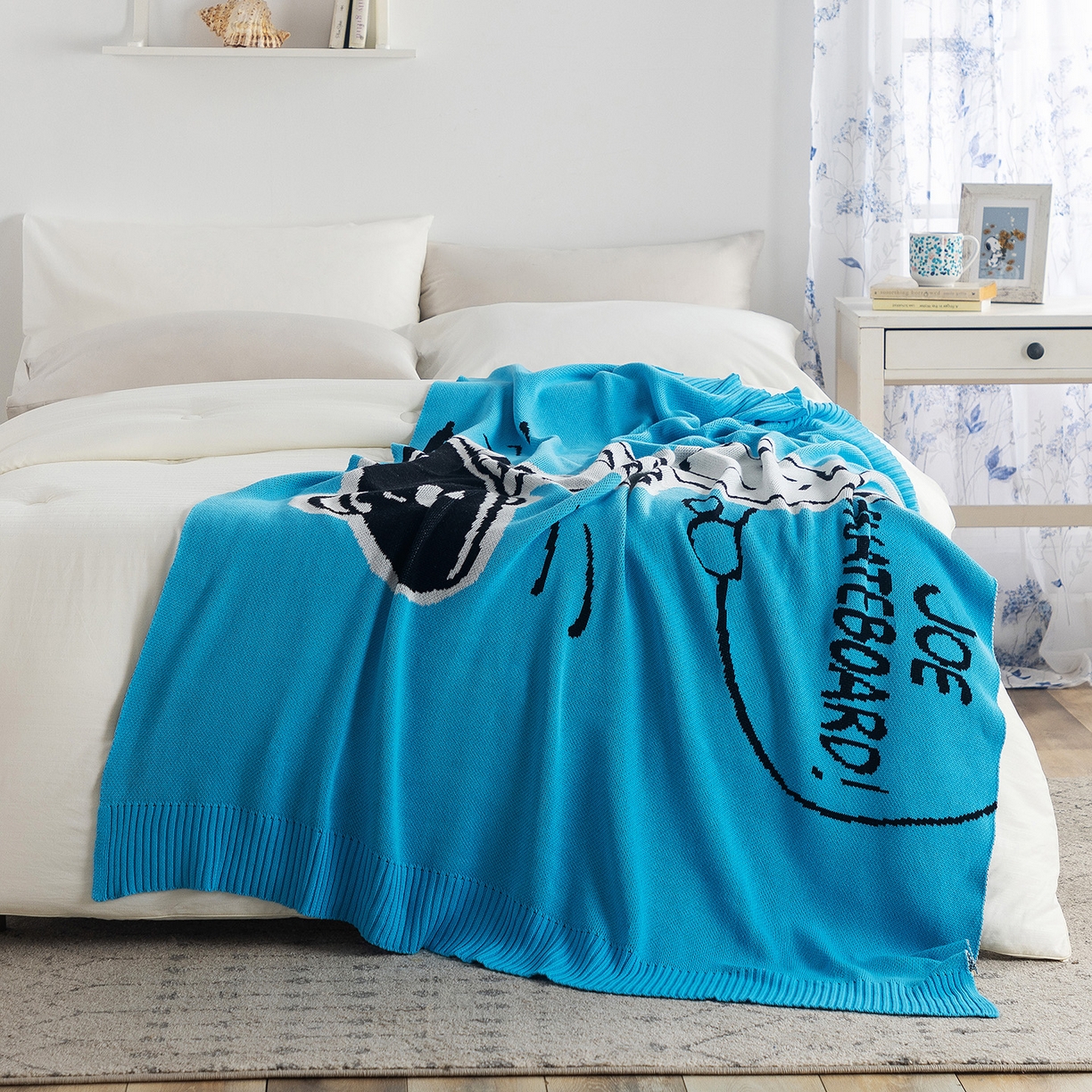 91家纺网 家纺一手货源 找家纺 苏艺针织史努比SNOOPY正版授权独家全棉针织多功能盖毯终端控价 史努比-滑板高手（蓝）