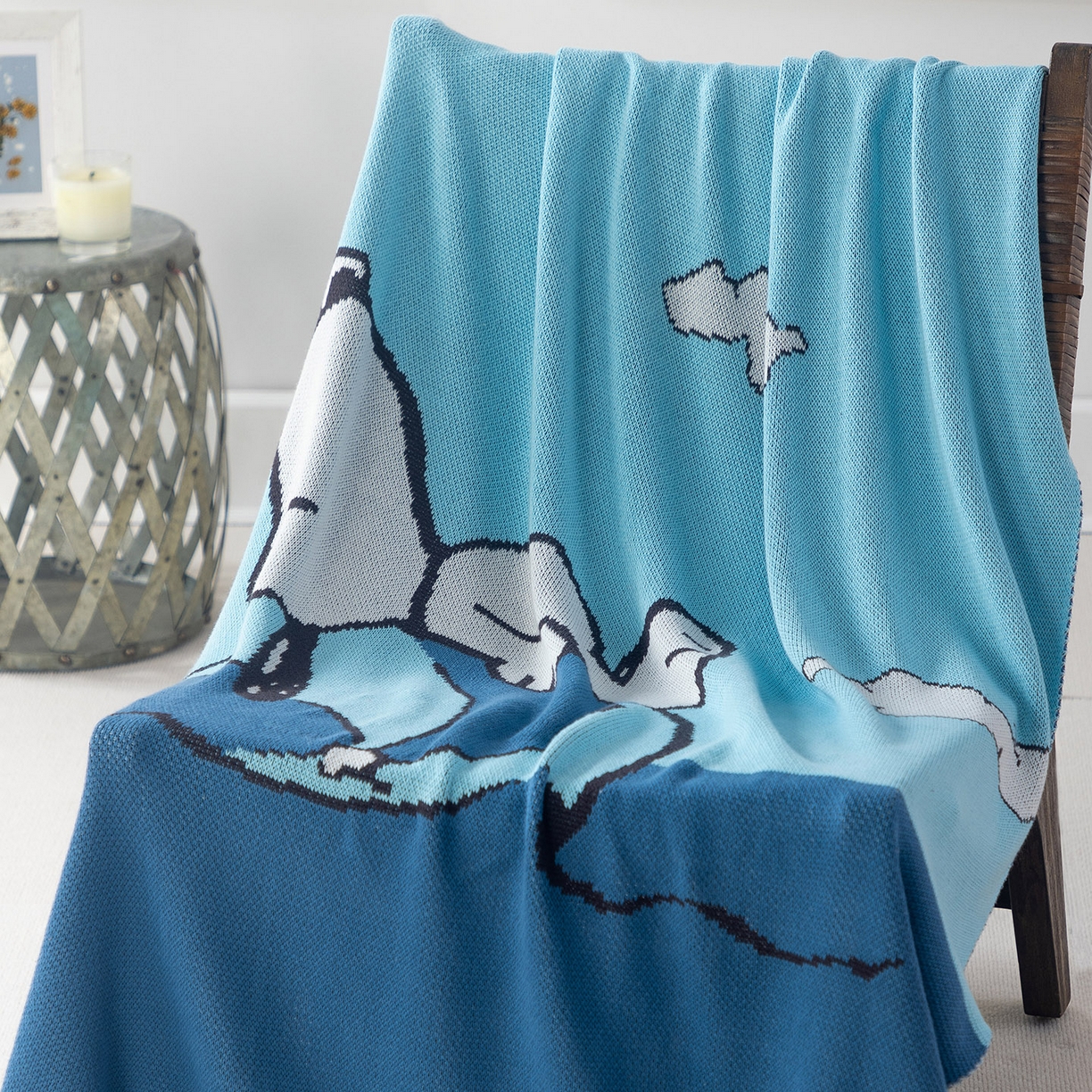 91家纺网 家纺一手货源 找家纺 苏艺针织史努比SNOOPY正版授权独家全棉针织多功能盖毯终端控价 史努比-晴空遐想