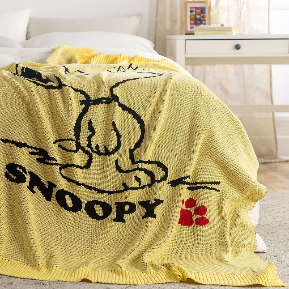 91家纺网 家纺一手货源 找家纺 苏艺针织史努比SNOOPY正版授权独家全棉针织多功能盖毯终端控价 史努比-世界限定（黄）