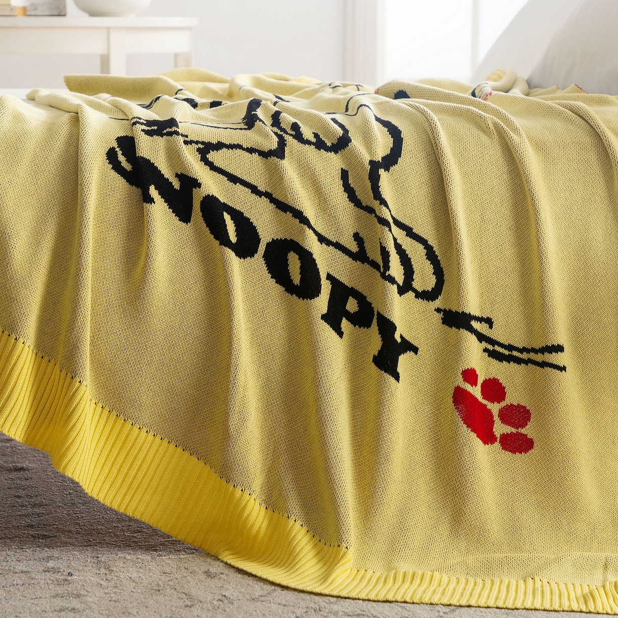 91家纺网 家纺一手货源 找家纺 苏艺针织史努比SNOOPY正版授权独家全棉针织多功能盖毯终端控价 史努比-世界限定（黄）