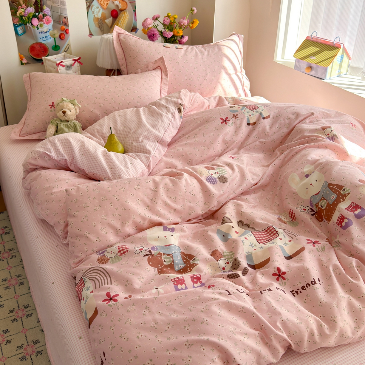 91家纺网 家纺一手货源 找家纺 乐童家纺 2026新款全棉纯棉网红直播爆款吊边＋一字绣工艺款四件套（四） 花田小伙伴 粉