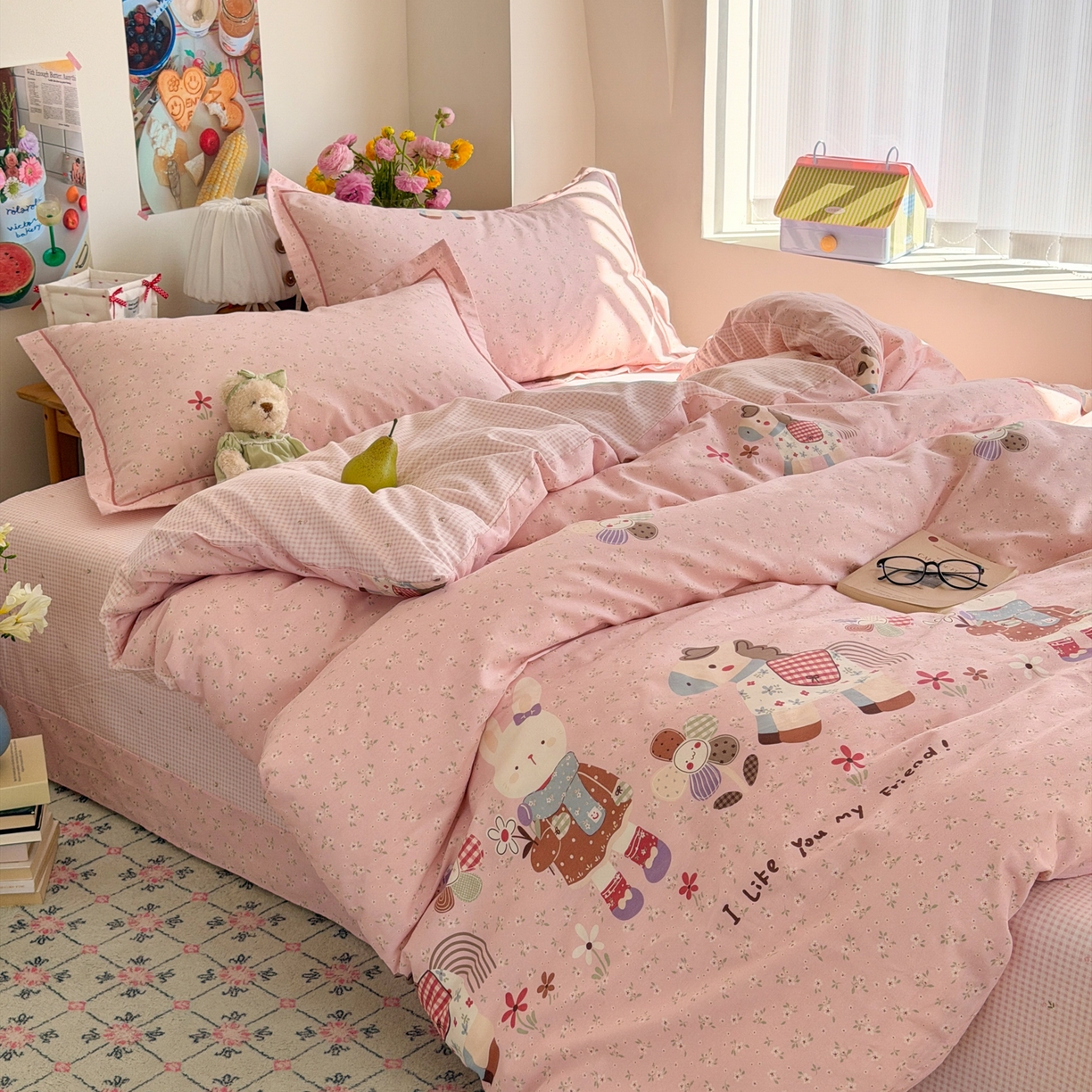 91家纺网 家纺一手货源 找家纺 乐童家纺 2026新款全棉纯棉网红直播爆款吊边＋一字绣工艺款四件套（四） 花田小伙伴 粉