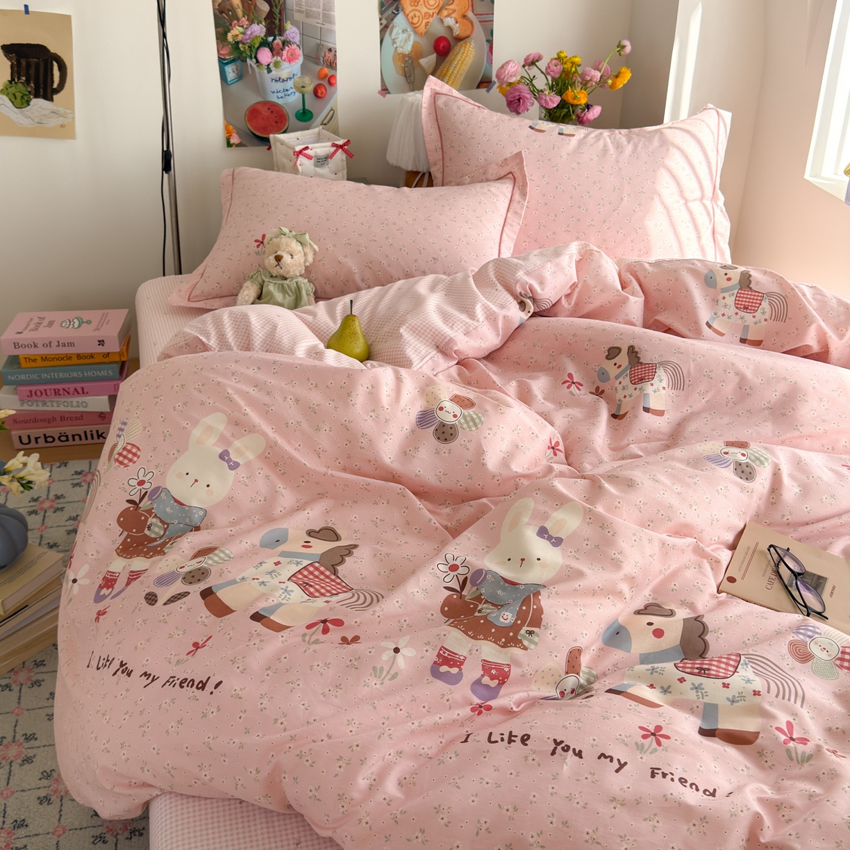 91家纺网 家纺一手货源 找家纺 乐童家纺 2026新款全棉纯棉网红直播爆款吊边＋一字绣工艺款四件套（四） 花田小伙伴 粉