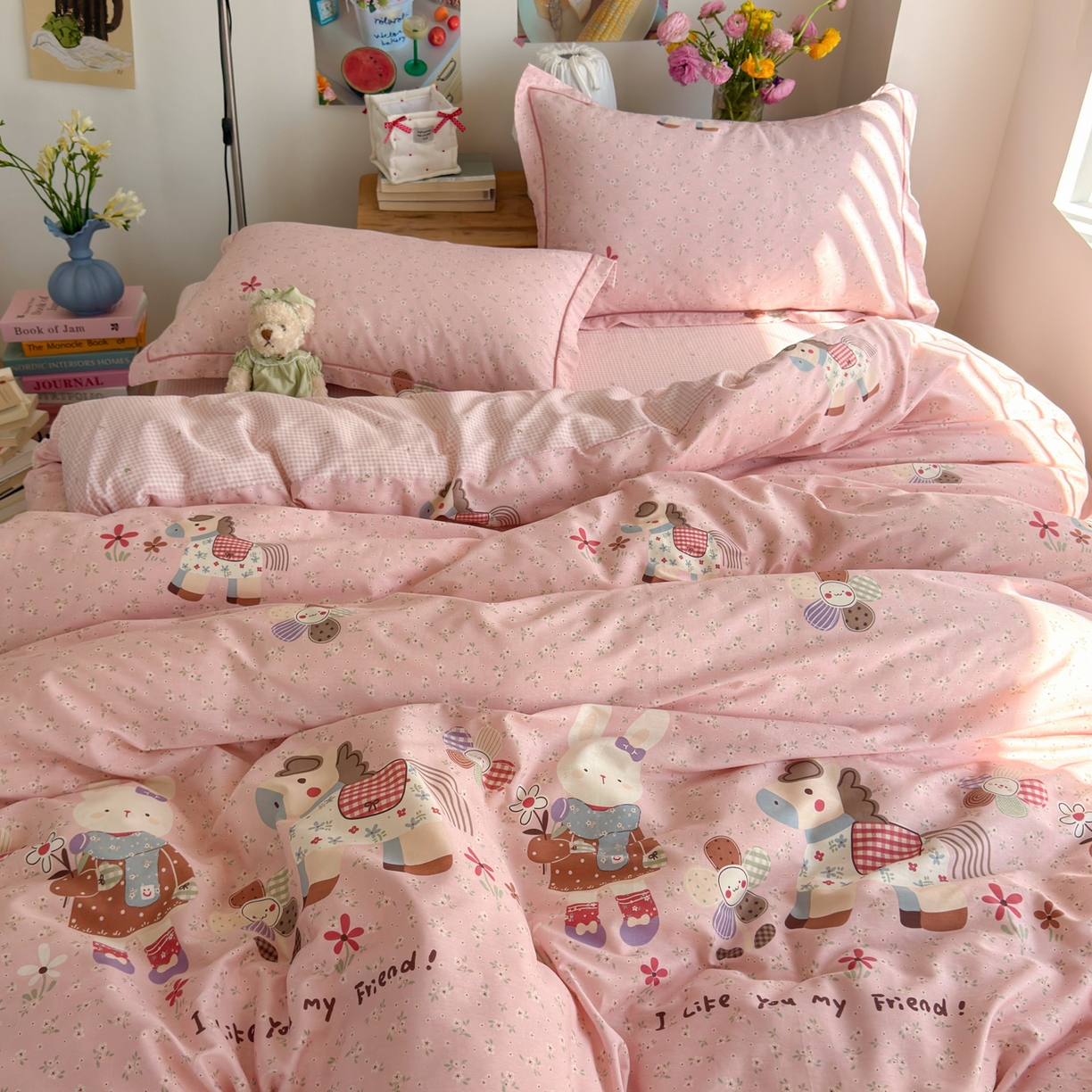 91家纺网 家纺一手货源 找家纺 乐童家纺 2026新款全棉纯棉网红直播爆款吊边＋一字绣工艺款四件套（四） 花田小伙伴 粉