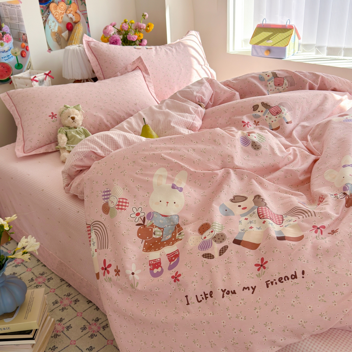 91家纺网 家纺一手货源 找家纺 乐童家纺 2026新款全棉纯棉网红直播爆款吊边＋一字绣工艺款四件套（四） 花田小伙伴 粉