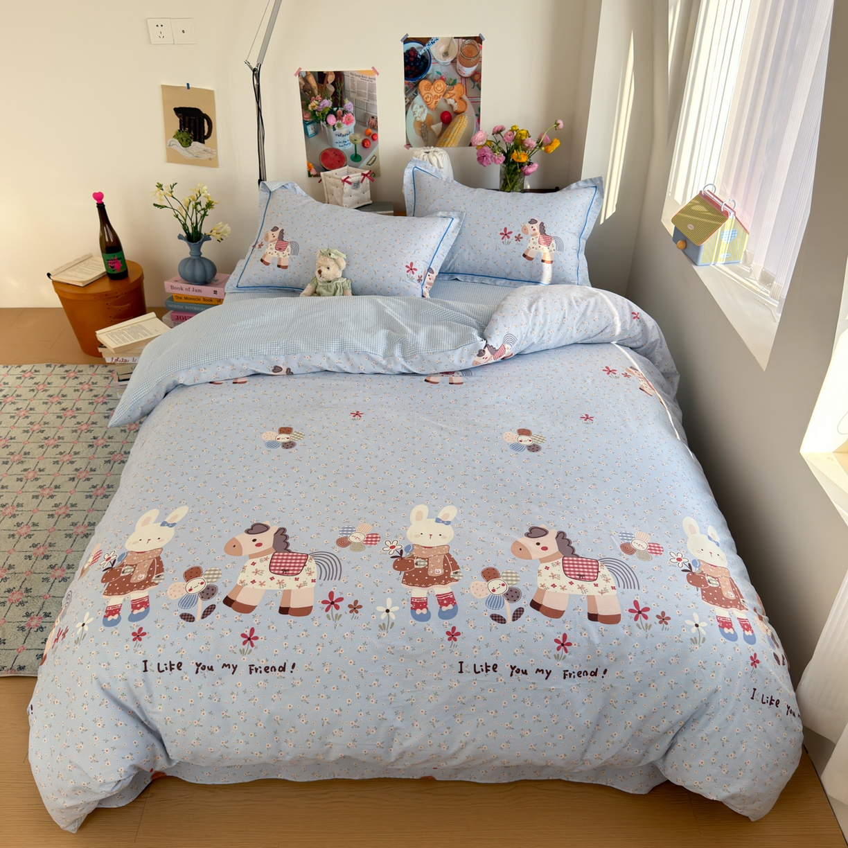 91家纺网 家纺一手货源 找家纺 乐童家纺 2026新款全棉纯棉网红直播爆款吊边＋一字绣工艺款四件套（四） 花田小伙伴 蓝