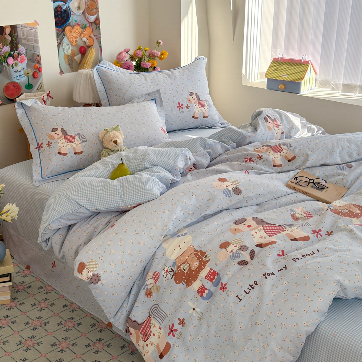 91家纺网 家纺一手货源 找家纺 乐童家纺 2026新款全棉纯棉网红直播爆款吊边＋一字绣工艺款四件套（四） 花田小伙伴 蓝