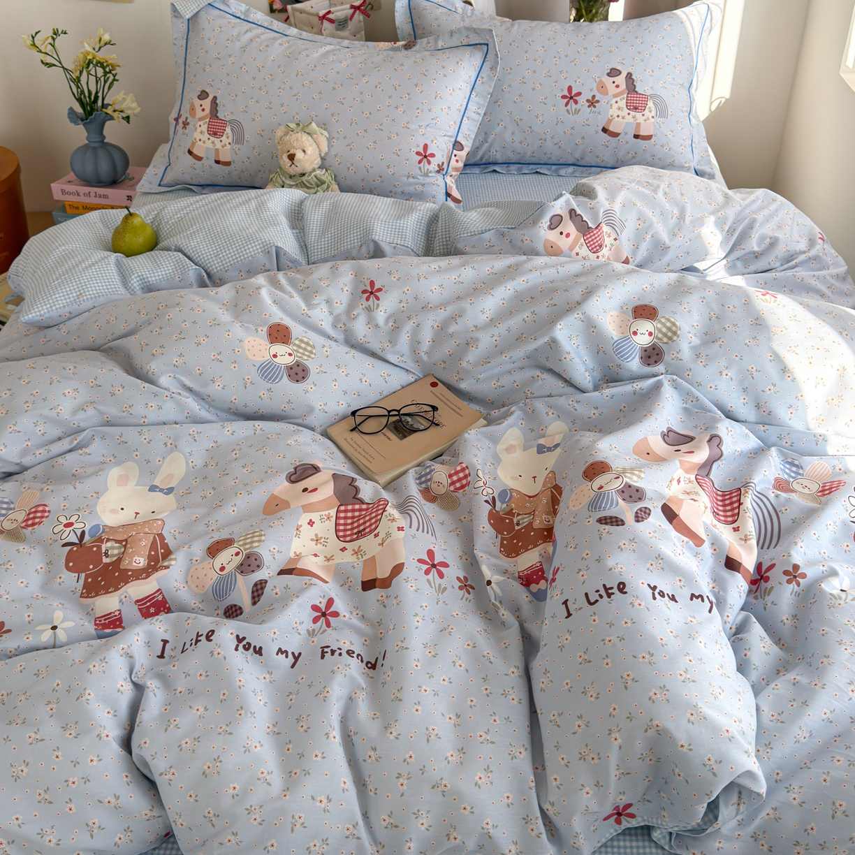 91家纺网 家纺一手货源 找家纺 乐童家纺 2026新款全棉纯棉网红直播爆款吊边＋一字绣工艺款四件套（四） 花田小伙伴 蓝