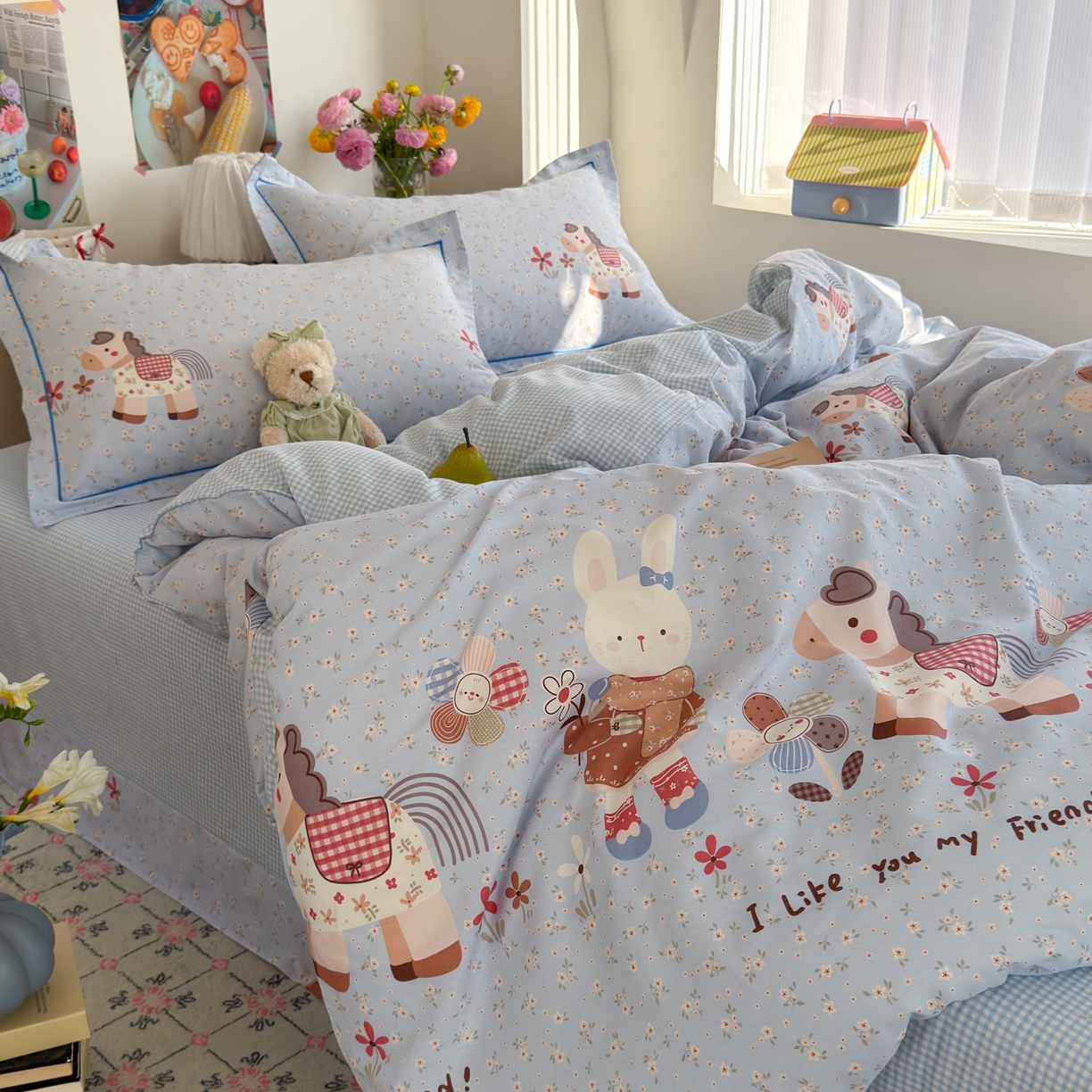 91家纺网 家纺一手货源 找家纺 乐童家纺 2026新款全棉纯棉网红直播爆款吊边＋一字绣工艺款四件套（四） 花田小伙伴 蓝