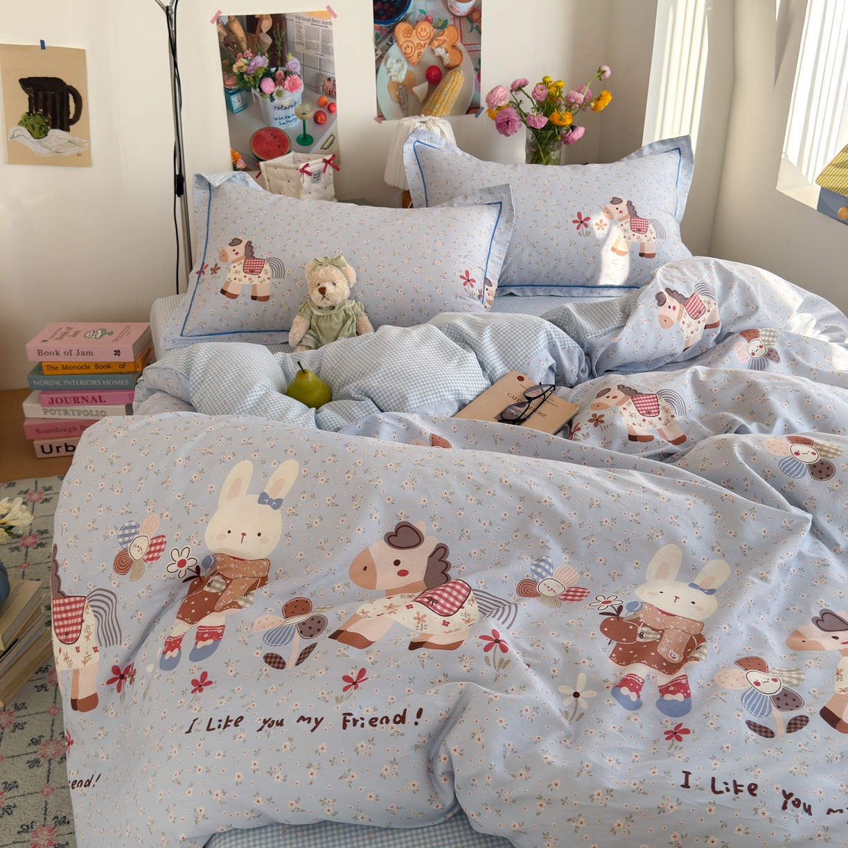 91家纺网 家纺一手货源 找家纺 乐童家纺 2026新款全棉纯棉网红直播爆款吊边＋一字绣工艺款四件套（四） 花田小伙伴 蓝