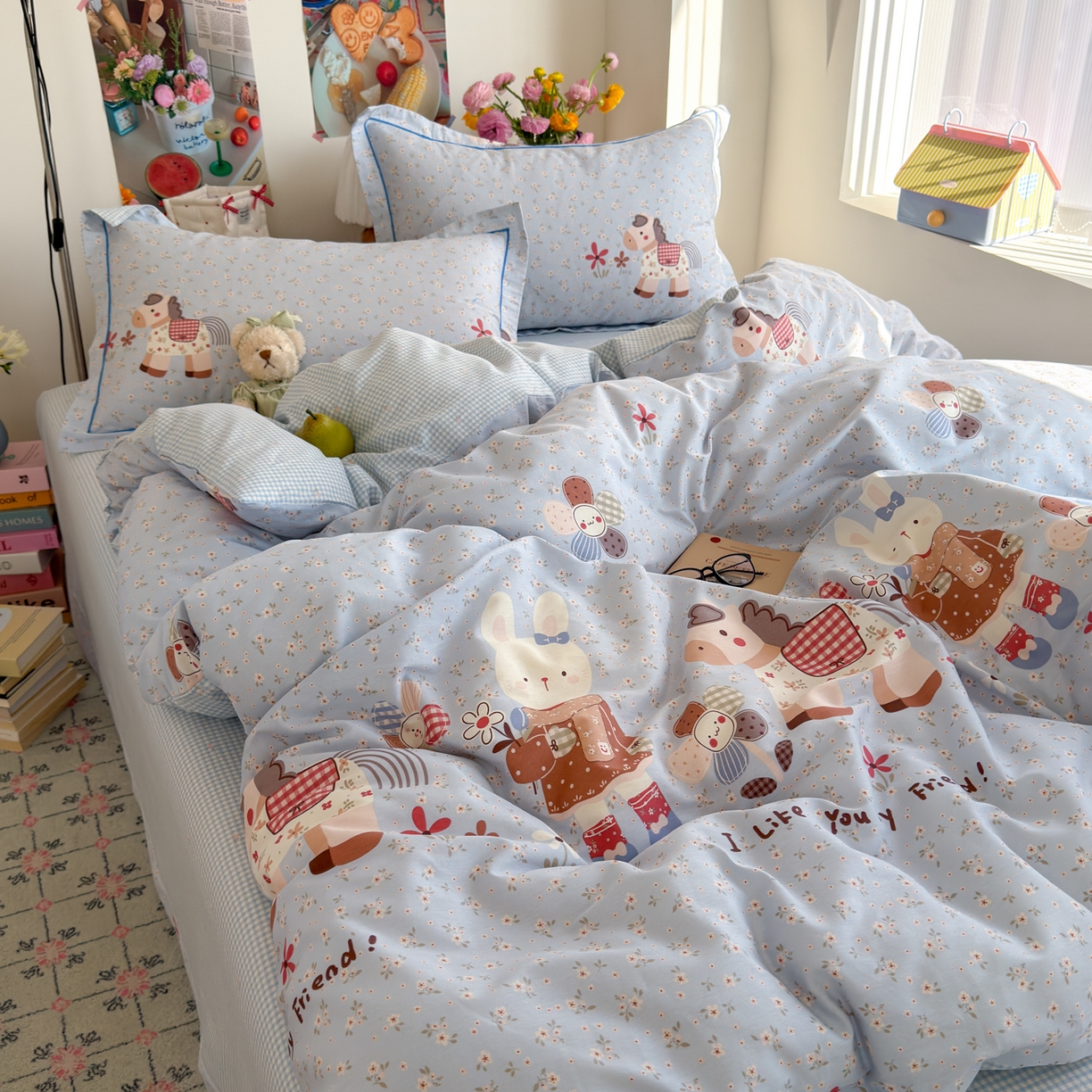 91家纺网 家纺一手货源 找家纺 乐童家纺 2026新款全棉纯棉网红直播爆款吊边＋一字绣工艺款四件套（四） 花田小伙伴 蓝