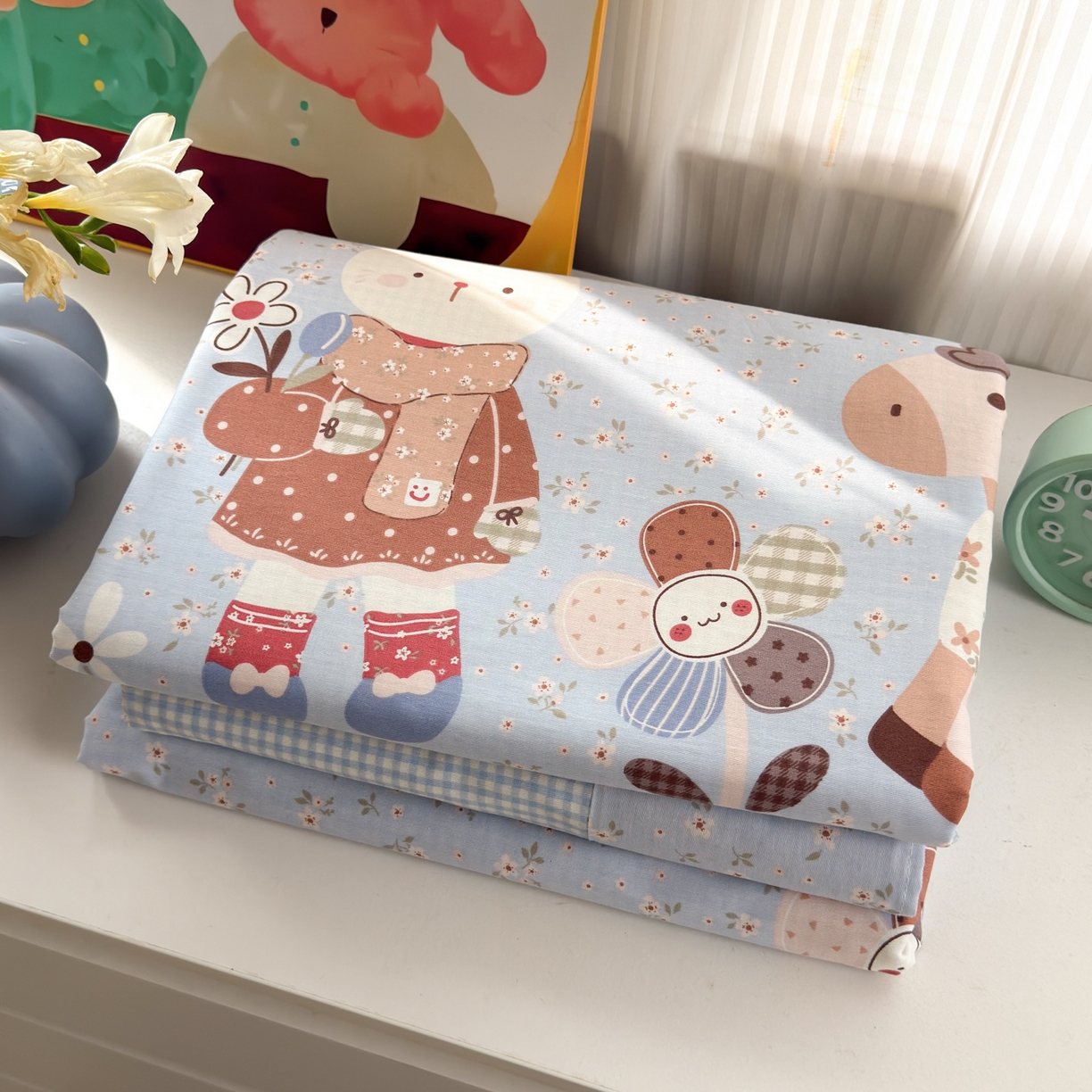 91家纺网 家纺一手货源 找家纺 乐童家纺 2026新款全棉纯棉网红直播爆款吊边＋一字绣工艺款四件套（四） 花田小伙伴 蓝