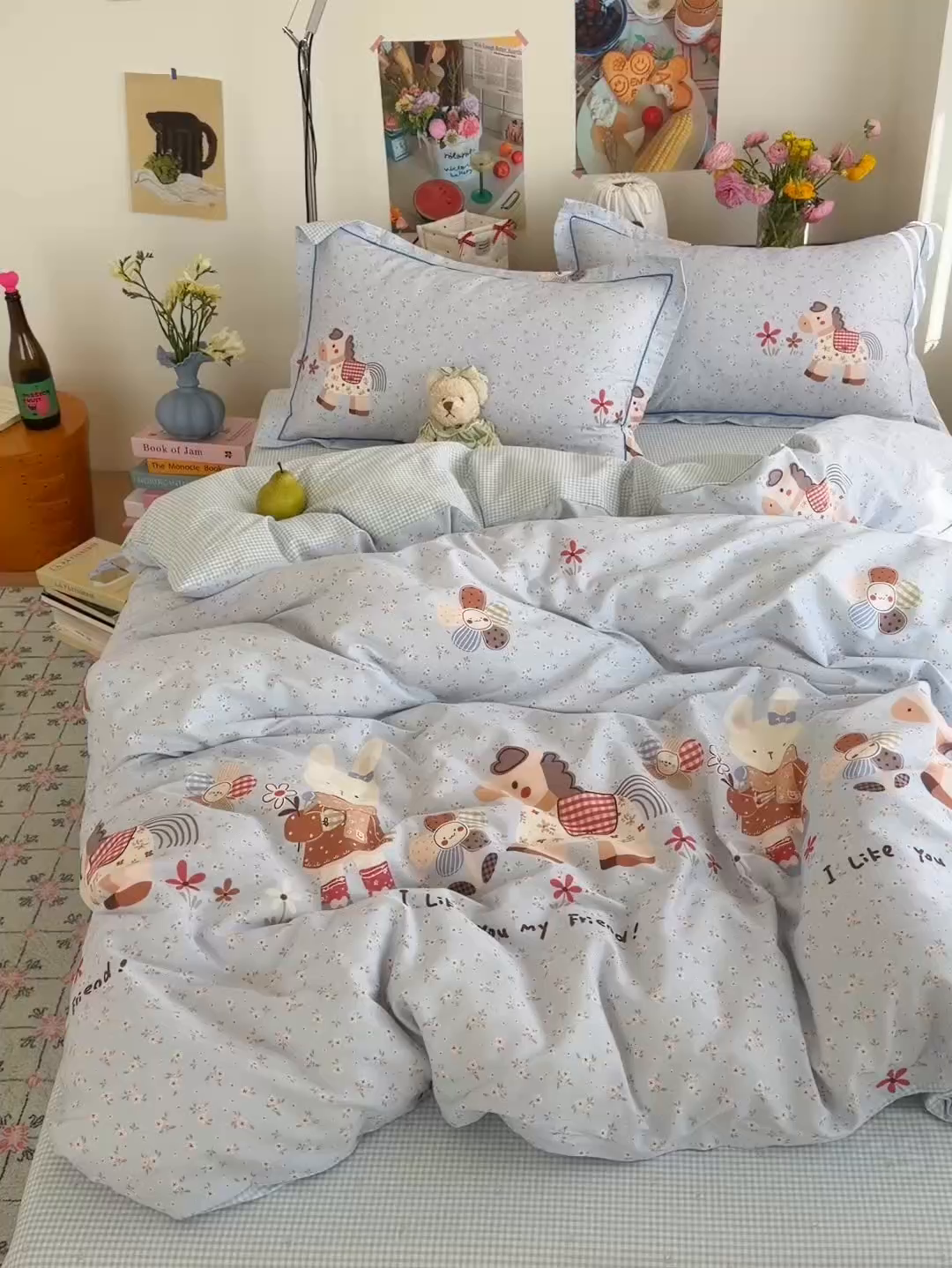 91家纺网 家纺一手货源 找家纺 乐童家纺 2026新款全棉纯棉网红直播爆款吊边＋一字绣工艺款四件套（四） 花田小伙伴 蓝