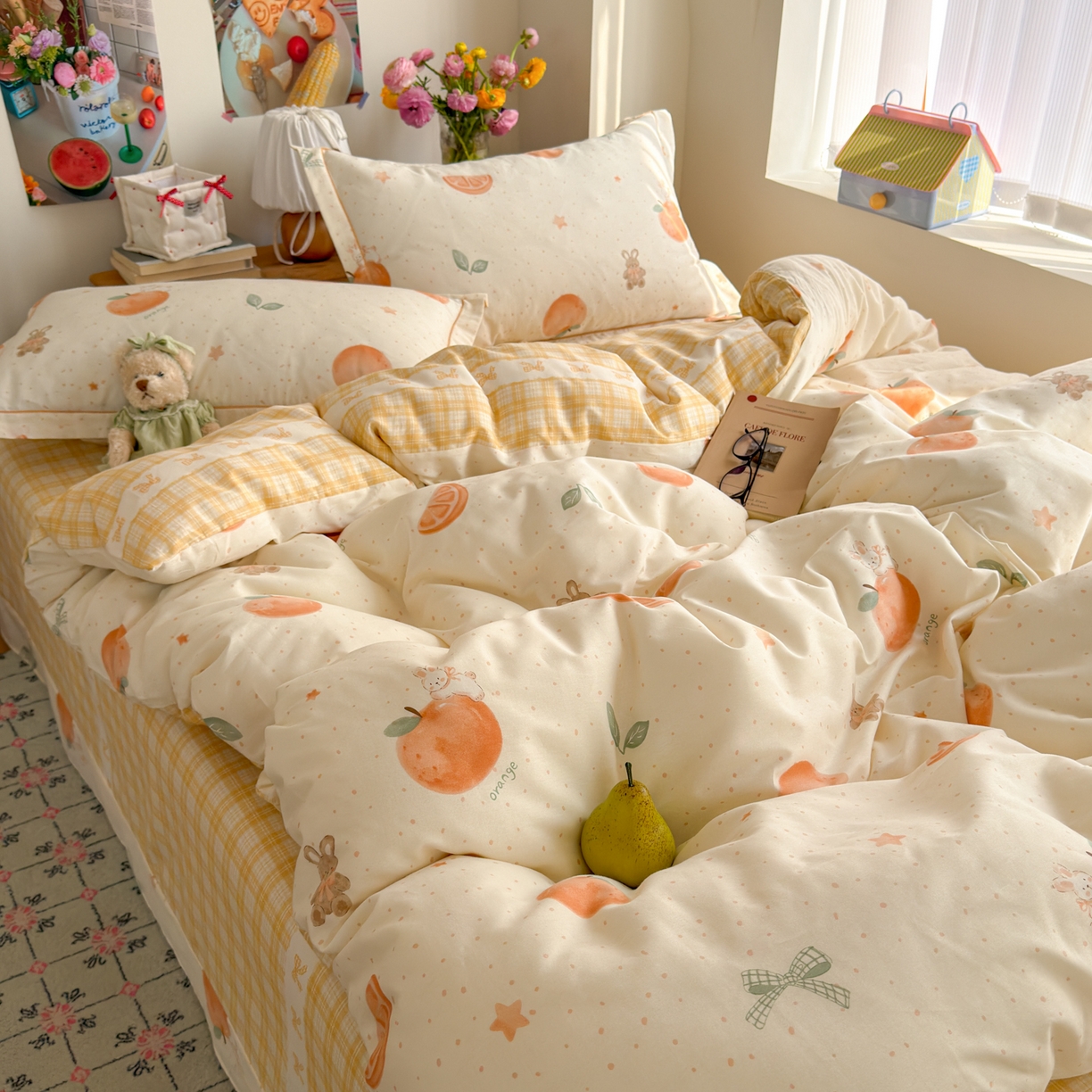 91家纺网 家纺一手货源 找家纺 乐童家纺 2026新款全棉纯棉网红直播爆款吊边＋一字绣工艺款四件套（四） 橘子兔
