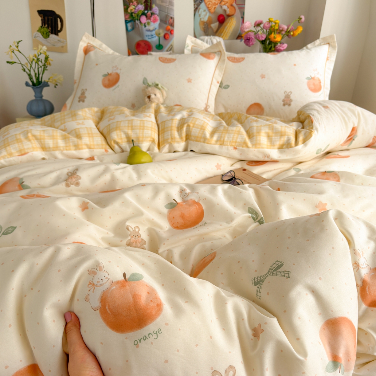 91家纺网 家纺一手货源 找家纺 乐童家纺 2026新款全棉纯棉网红直播爆款吊边＋一字绣工艺款四件套（四） 橘子兔