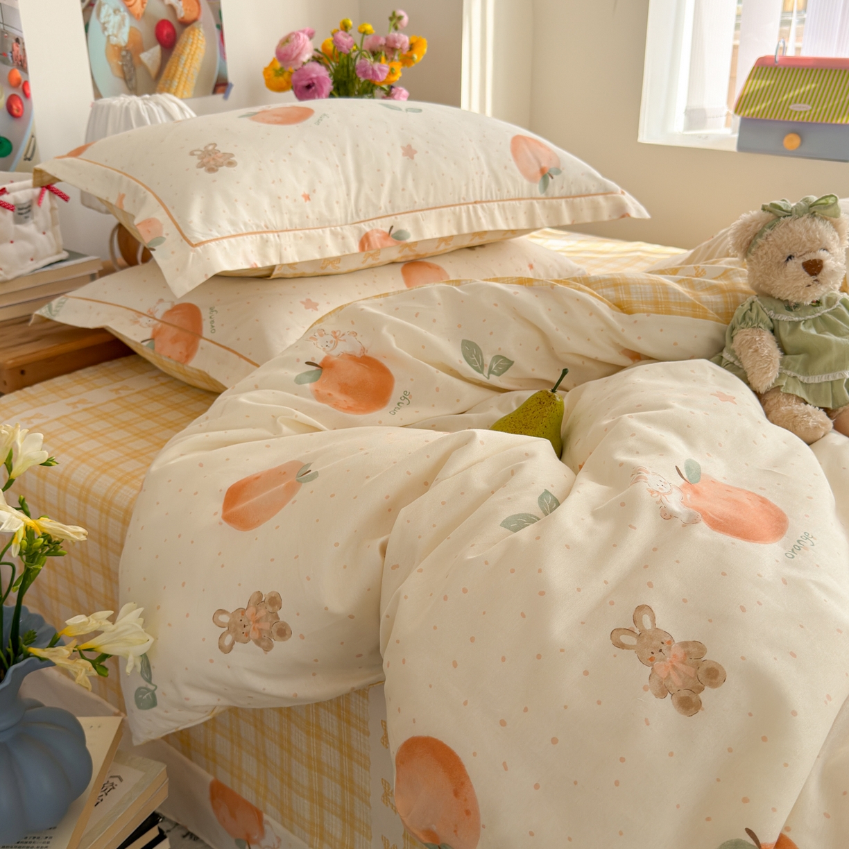 91家纺网 家纺一手货源 找家纺 乐童家纺 2026新款全棉纯棉网红直播爆款吊边＋一字绣工艺款四件套（四） 橘子兔