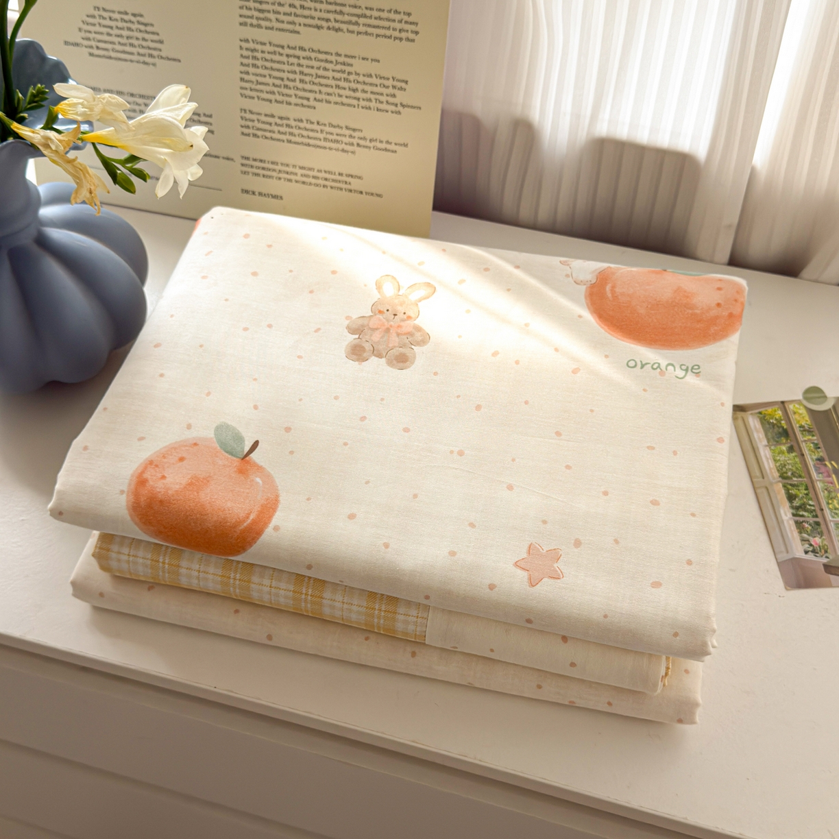 91家纺网 家纺一手货源 找家纺 乐童家纺 2026新款全棉纯棉网红直播爆款吊边＋一字绣工艺款四件套（四） 橘子兔