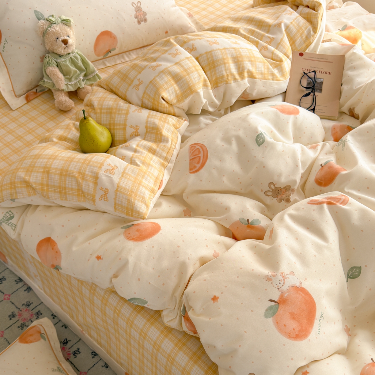 91家纺网 家纺一手货源 找家纺 乐童家纺 2026新款全棉纯棉网红直播爆款吊边＋一字绣工艺款四件套（四） 橘子兔