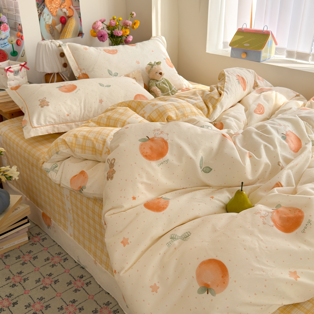 91家纺网 家纺一手货源 找家纺 乐童家纺 2026新款全棉纯棉网红直播爆款吊边＋一字绣工艺款四件套（四） 橘子兔
