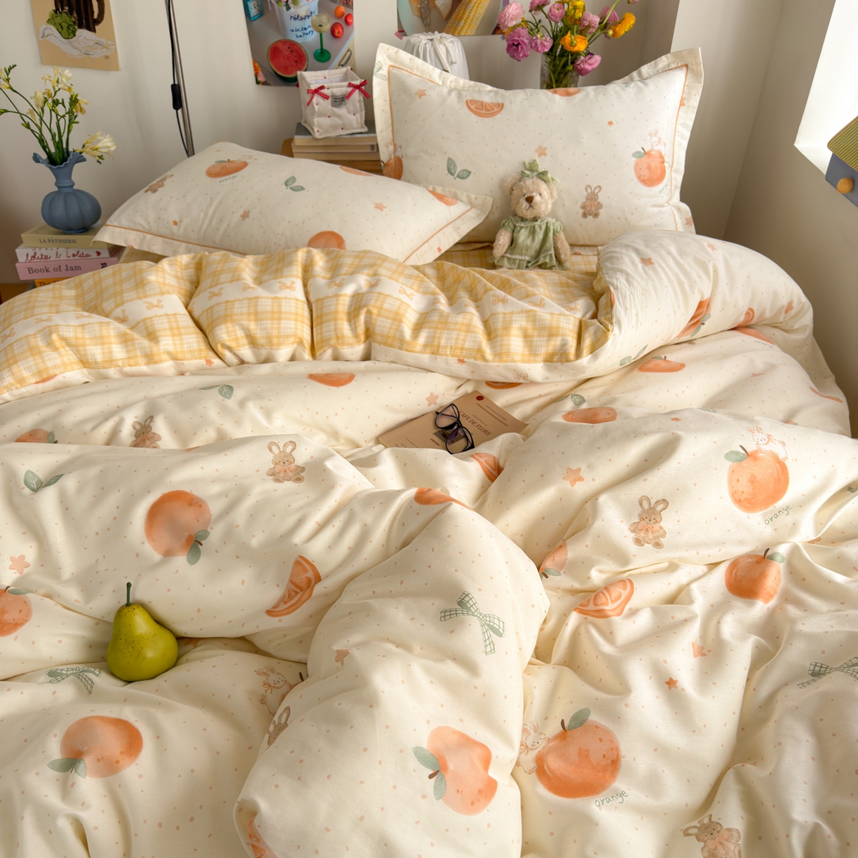 91家纺网 家纺一手货源 找家纺 乐童家纺 2026新款全棉纯棉网红直播爆款吊边＋一字绣工艺款四件套（四） 橘子兔