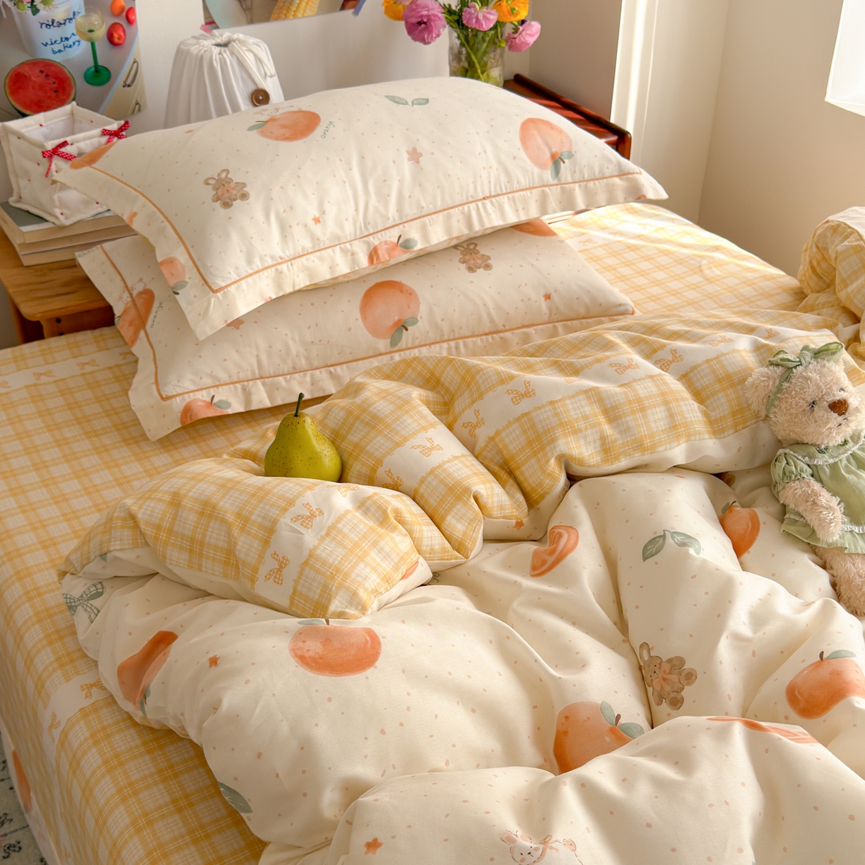 91家纺网 家纺一手货源 找家纺 乐童家纺 2026新款全棉纯棉网红直播爆款吊边＋一字绣工艺款四件套（四） 橘子兔