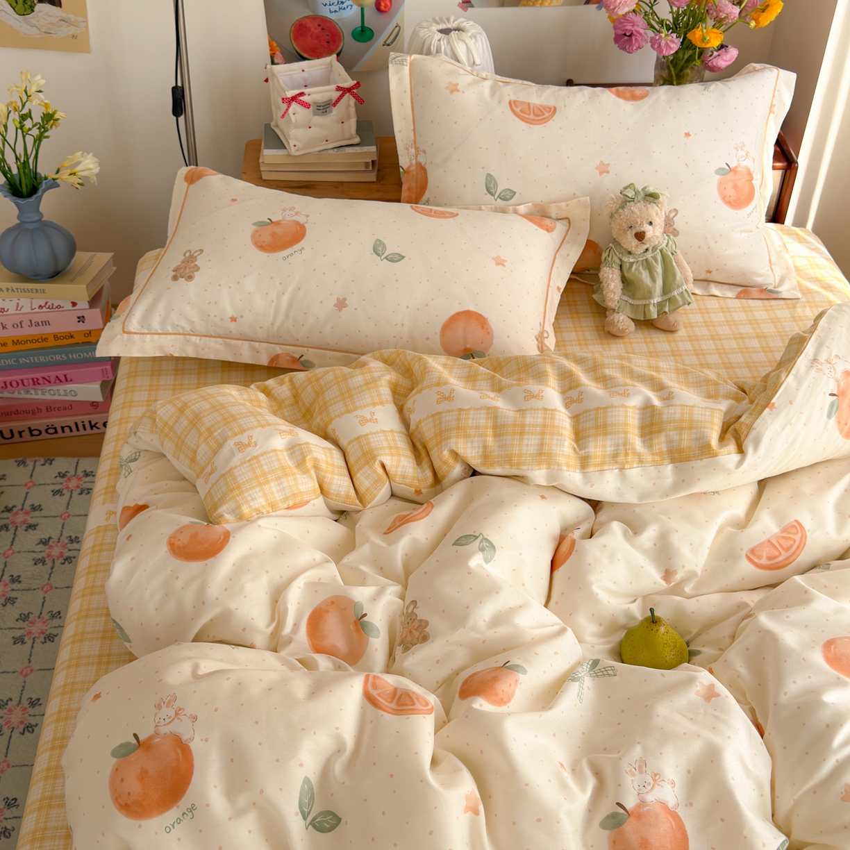 91家纺网 家纺一手货源 找家纺 乐童家纺 2026新款全棉纯棉网红直播爆款吊边＋一字绣工艺款四件套（四） 橘子兔