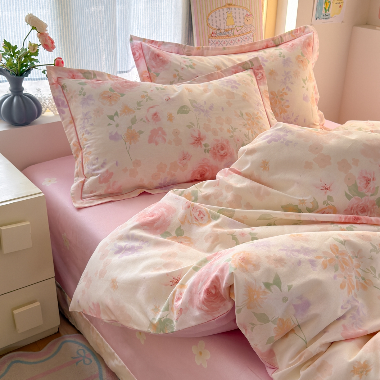 91家纺网 家纺一手货源 找家纺 乐童家纺 2026新款全棉纯棉网红直播爆款吊边＋一字绣工艺款四件套（四） 雾飞花