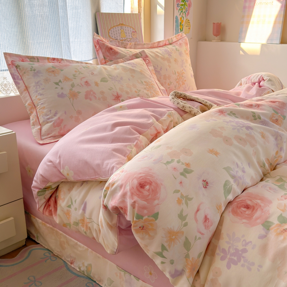 91家纺网 家纺一手货源 找家纺 乐童家纺 2026新款全棉纯棉网红直播爆款吊边＋一字绣工艺款四件套（四） 雾飞花