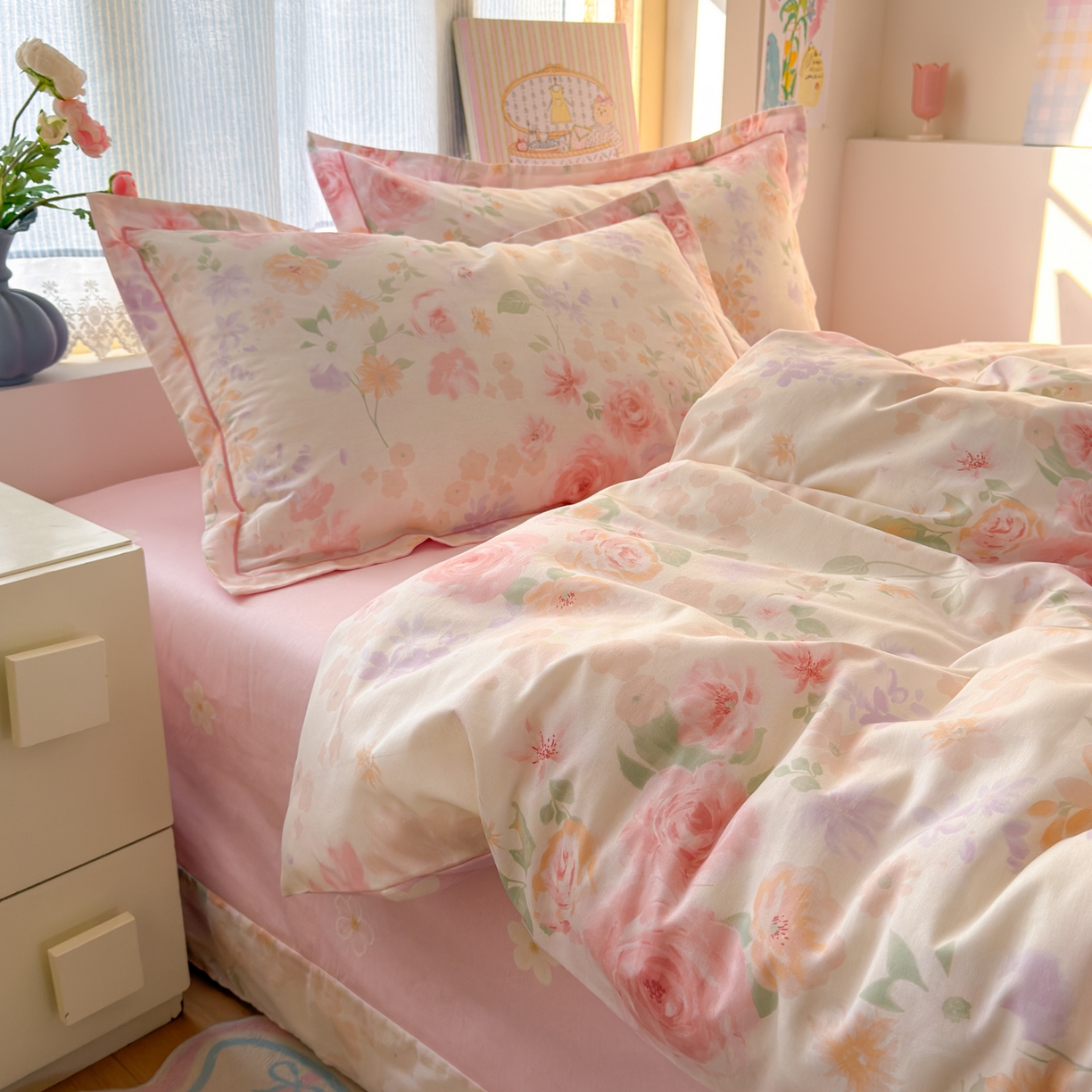 91家纺网 家纺一手货源 找家纺 乐童家纺 2026新款全棉纯棉网红直播爆款吊边＋一字绣工艺款四件套（四） 雾飞花