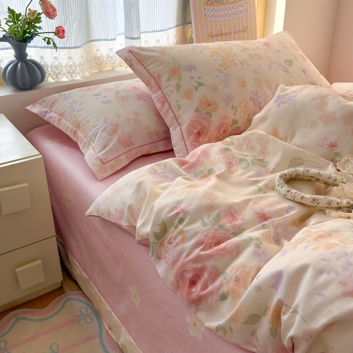 91家纺网 家纺一手货源 找家纺 乐童家纺 2026新款全棉纯棉网红直播爆款吊边＋一字绣工艺款四件套（四） 雾飞花