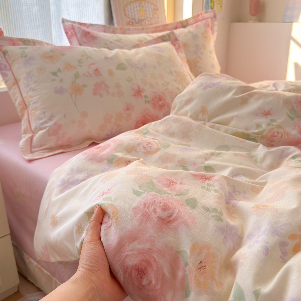 91家纺网 家纺一手货源 找家纺 乐童家纺 2026新款全棉纯棉网红直播爆款吊边＋一字绣工艺款四件套（四） 雾飞花