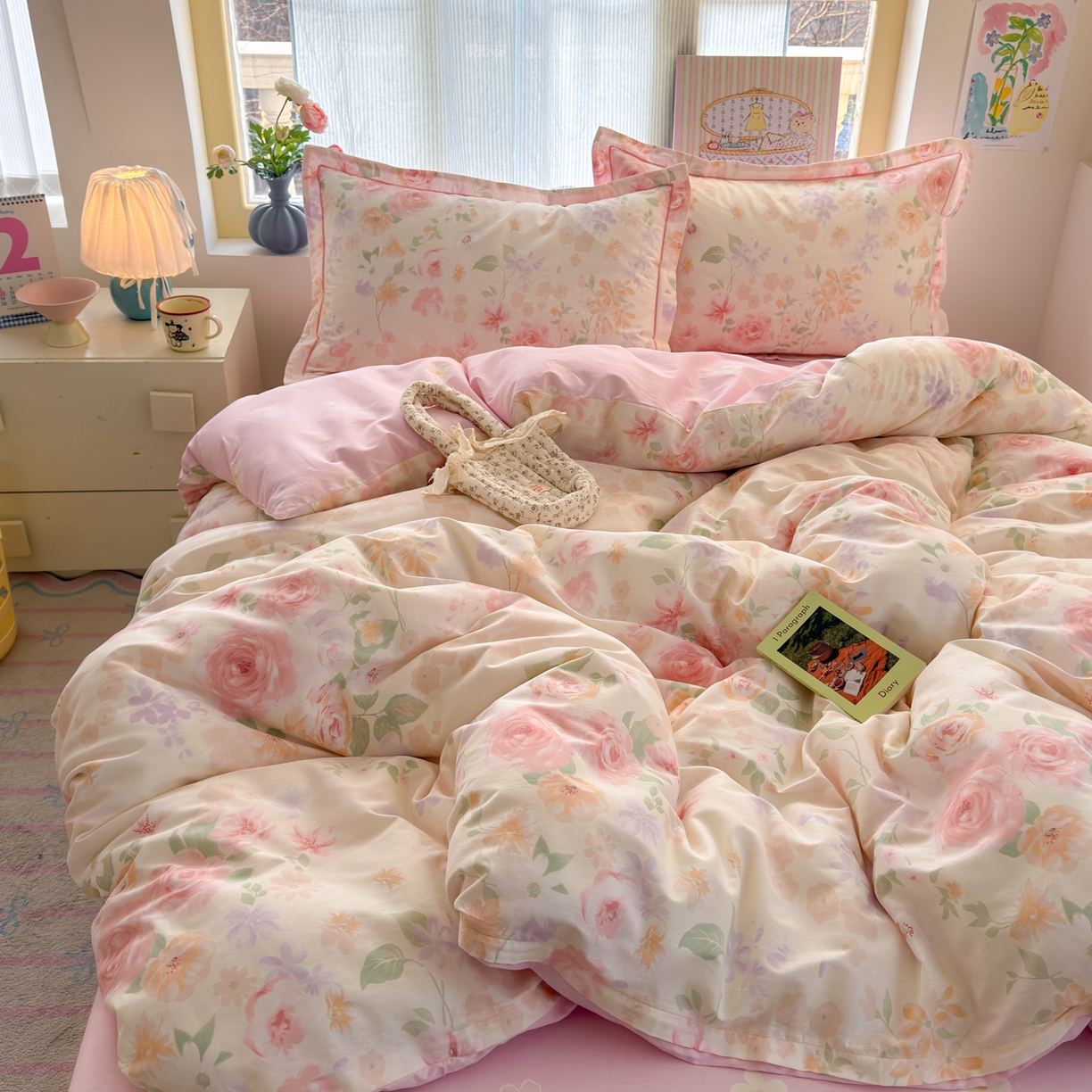 91家纺网 家纺一手货源 找家纺 乐童家纺 2026新款全棉纯棉网红直播爆款吊边＋一字绣工艺款四件套（四） 雾飞花