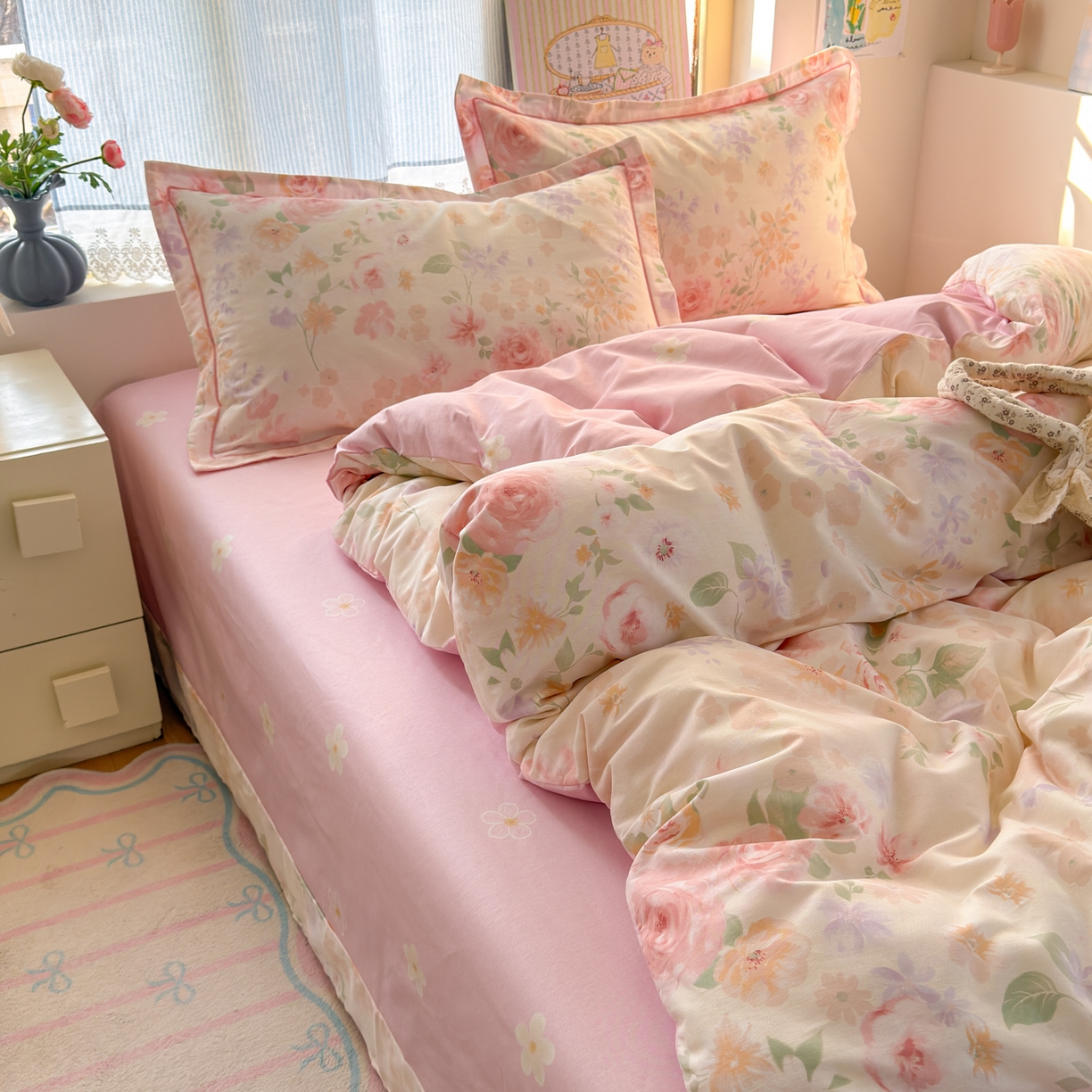 91家纺网 家纺一手货源 找家纺 乐童家纺 2026新款全棉纯棉网红直播爆款吊边＋一字绣工艺款四件套（四） 雾飞花