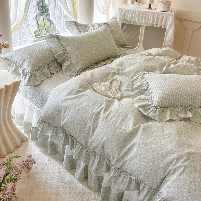 91家纺网 家纺一手货源 找家纺 瑞宝 2026新款全棉纯棉床盖小碎花玻璃纱四件套 绿茵