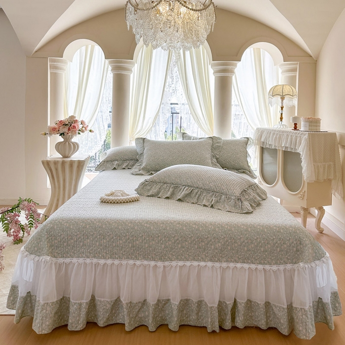 91家纺网 家纺一手货源 找家纺 瑞宝 2026新款全棉纯棉床盖小碎花玻璃纱四件套 绿茵