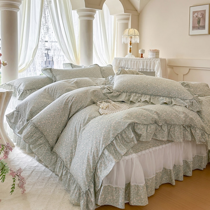 91家纺网 家纺一手货源 找家纺 瑞宝 2026新款全棉纯棉床盖小碎花玻璃纱四件套 绿茵