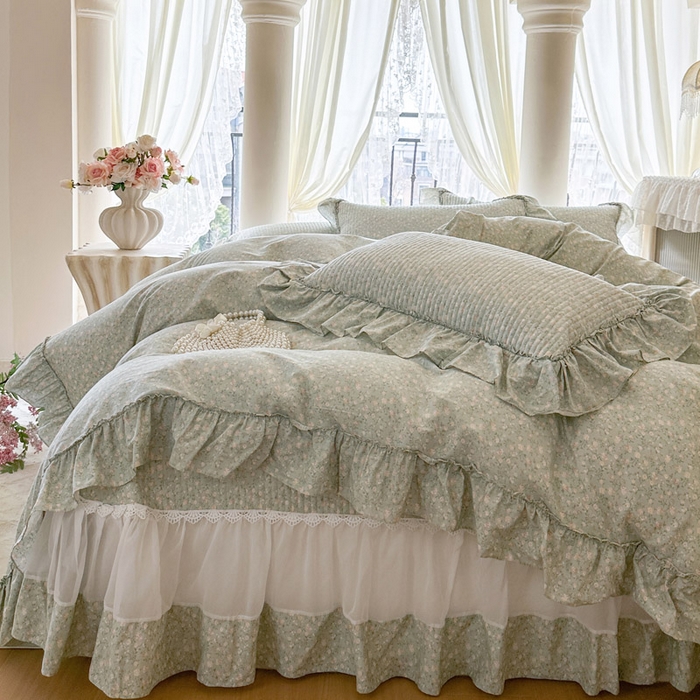 91家纺网 家纺一手货源 找家纺 瑞宝 2026新款全棉纯棉床盖小碎花玻璃纱四件套 绿茵