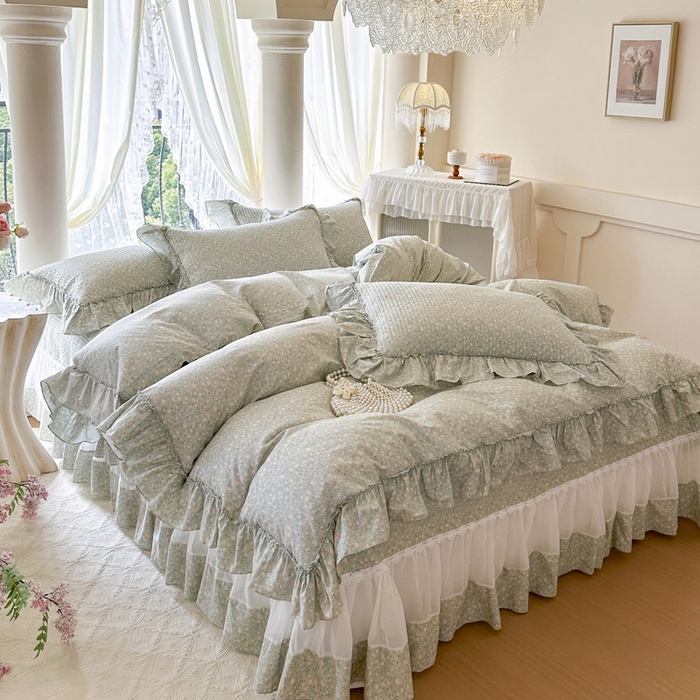 91家纺网 家纺一手货源 找家纺 瑞宝 2026新款全棉纯棉床盖小碎花玻璃纱四件套 绿茵