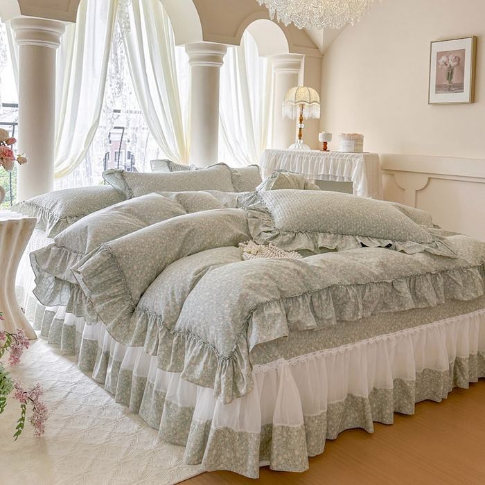 91家纺网 家纺一手货源 找家纺 瑞宝 2026新款全棉纯棉床盖小碎花玻璃纱四件套 绿茵