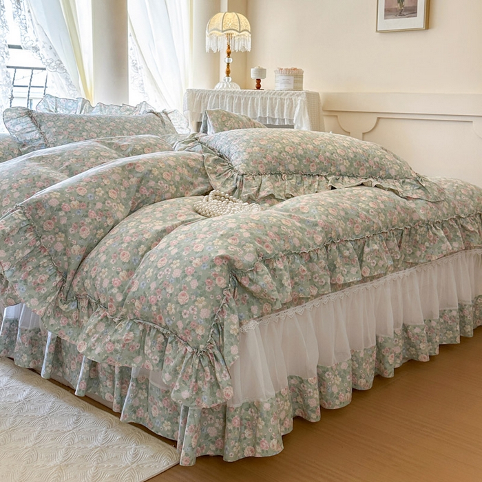 91家纺网 家纺一手货源 找家纺 瑞宝 2026新款全棉纯棉床盖小碎花玻璃纱四件套 芊朵