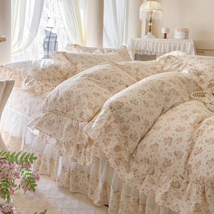 91家纺网 家纺一手货源 找家纺 瑞宝 2026新款全棉纯棉床盖小碎花玻璃纱四件套 淡桔