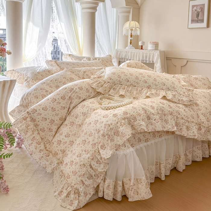 91家纺网 家纺一手货源 找家纺 瑞宝 2026新款全棉纯棉床盖小碎花玻璃纱四件套 淡桔