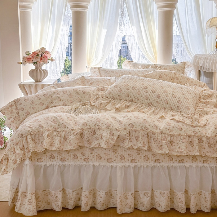 91家纺网 家纺一手货源 找家纺 瑞宝 2026新款全棉纯棉床盖小碎花玻璃纱四件套 淡桔