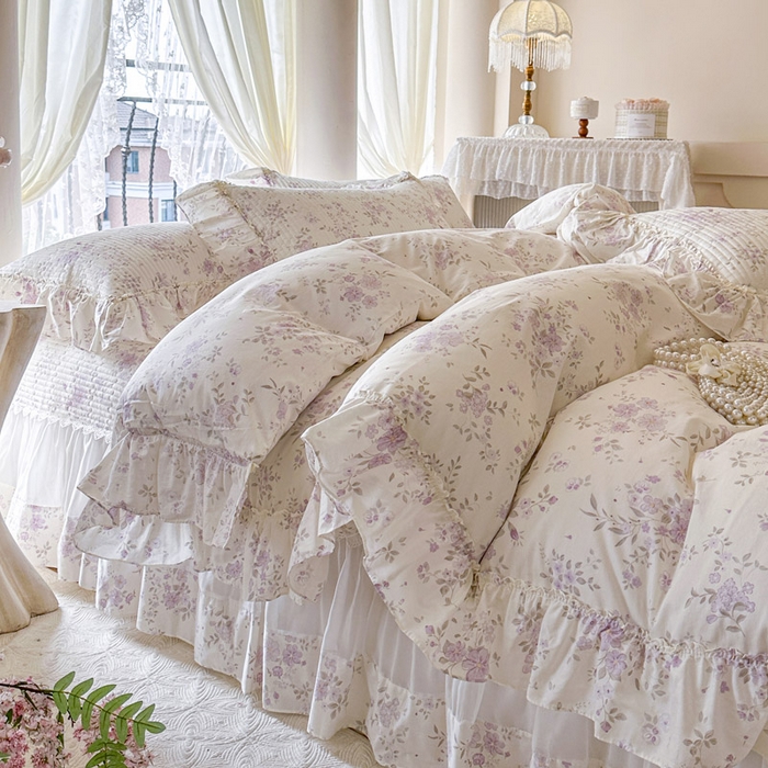 91家纺网 家纺一手货源 找家纺 瑞宝 2026新款全棉纯棉床盖小碎花玻璃纱四件套 叶秋